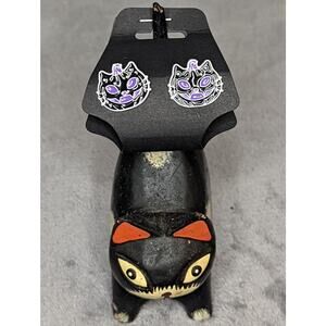 NWT Black White & Purple Jack O Lantern Pumpkin Cat Hypoallergenic Post Earrings